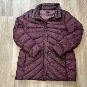 Lands End Womens XL Down Puffer Coat Long Maroon Quilted Full Zip Jacket